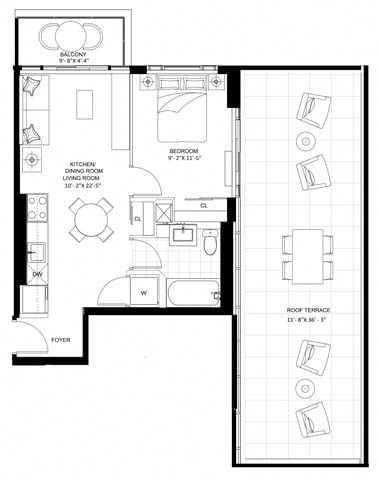 Floor plan for 1 bed, 1 bath, 507 sqft